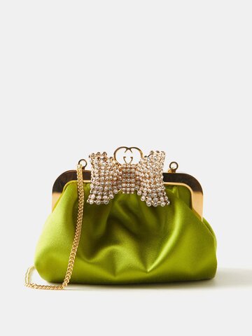 gucci - crystal-embellished bow satin clutch bag - womens - green