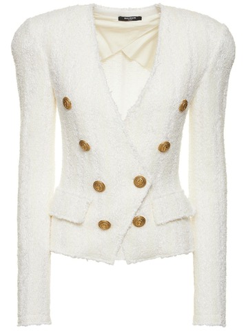 balmain collarless tweed blazer in white