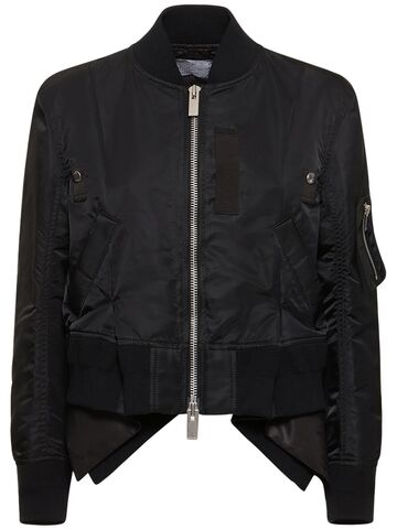 sacai pleated nylon twill zip jacket in black