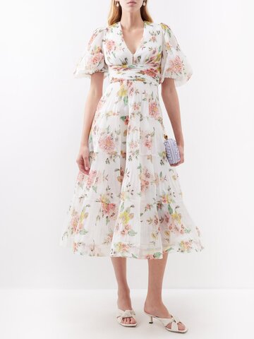 zimmermann - floral-print plissé-chiffon midi dress - womens - ivory multi