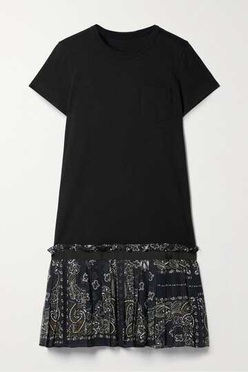 sacai - cotton-jersey and paisley-print chiffon mini dress - black