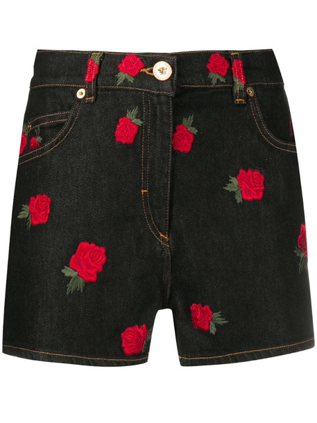 Versace rose-embroidered shorts in black