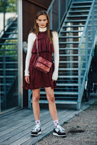burgundy dress with white shoes