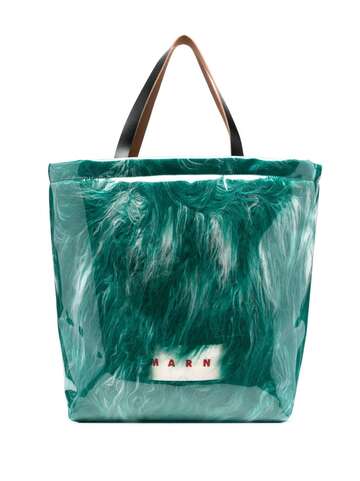 marni faux fur logo-print tote bag - green