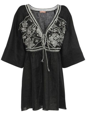 ERMANNO SCERVINO Embroidered Linen Short Kaftan Dress in black