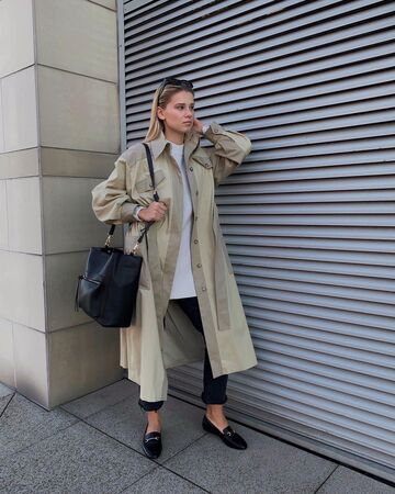 shoes,loafers,black pants,trench coat,black bag,white top