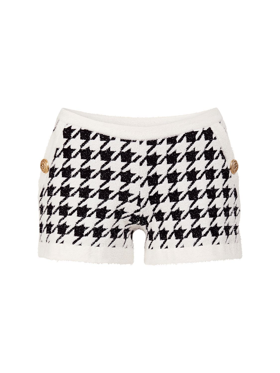 BALMAIN Viscose Blend Houndstooth Mini Shorts in black / white