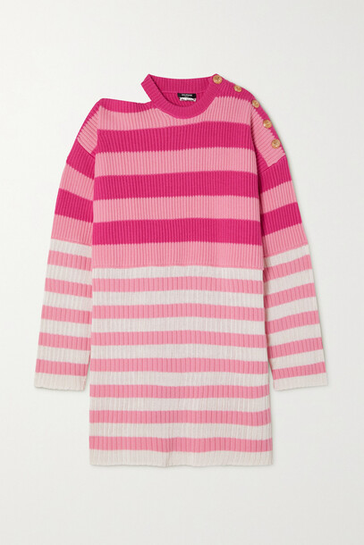 Balmain - + Barbie Cold-shoulder Button-embellished Striped Wool-blend Dress - Pink