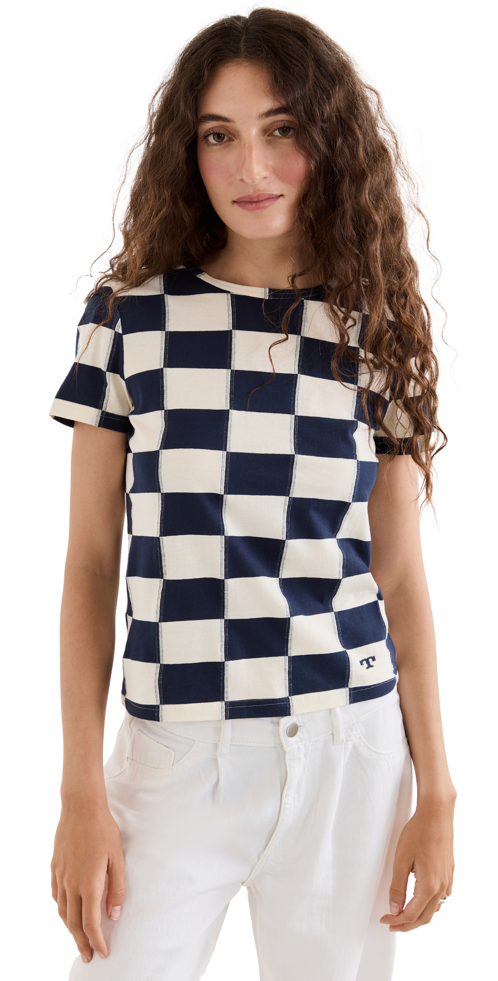 Tory Burch Checkerboard T-Shirt in navy / cream