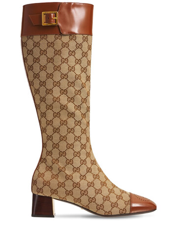 GUCCI 45mm Ellis Tall Canvas & Leather Boots in brown / beige