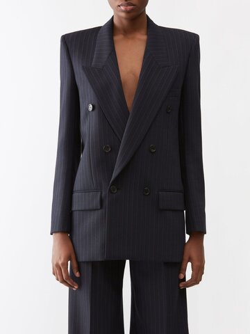 saint laurent - exaggerated-shoulder pinstriped twill suit jacket - womens - navy