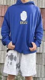sweater,it’s a royal blue hoodie.,mark lee from nct wore it,it has the word egg on it.