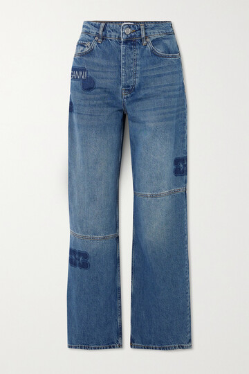 ganni - izey paneled printed high-rise straight-leg organic jeans - blue
