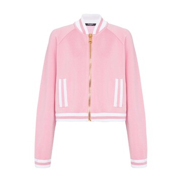 balmain cropped knitted varsity jacket with striped details