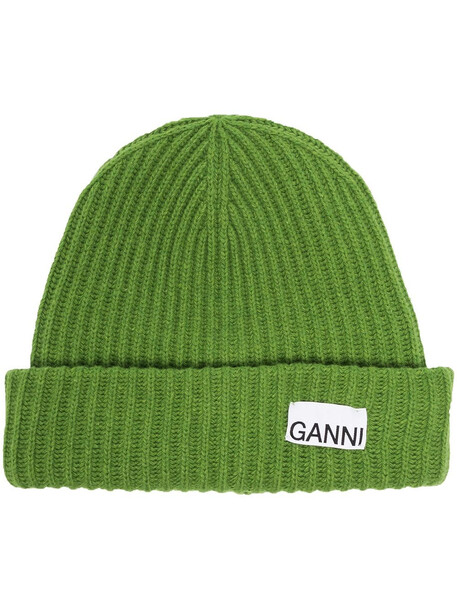 GANNI logo-patch ribbed beanie - Green
