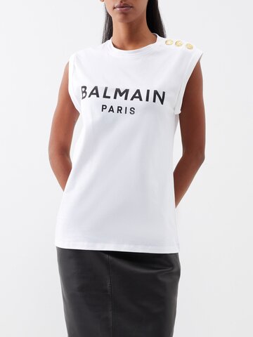 balmain - button-shoulder logo-print cotton-jersey tank top - womens - white black