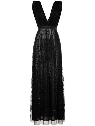 elisabetta franchi bead-embellished plissé gown - black