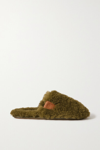Loewe - Leather-trimmed Shearling Slippers - Green
