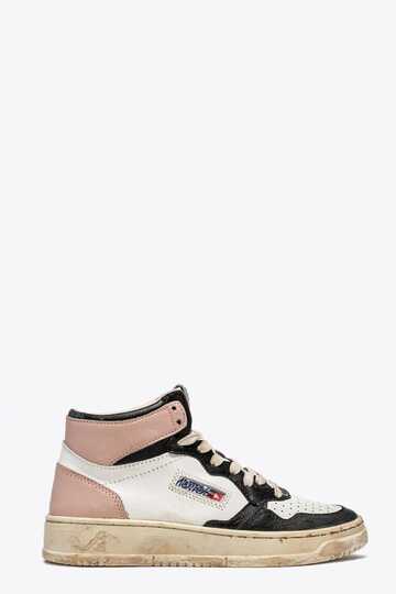 Autry Sup Vint Mid Wom Leat/leat White, black, pink vintage leather mid sneaker - Medalist mid vintage in bianco