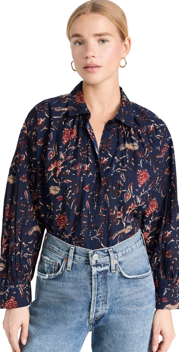 apiece apart kira button up blouse indigo jardin block print xxs
