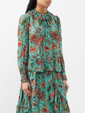 ulla johnson - pippa botanical-print silk blouse - womens - green multi