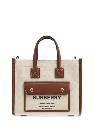 BURBERRY Mini Logo Leather & Canvas Tote Bag in natural / tan