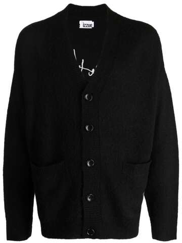 izzue slogan-embroidered button-up cardigan - black