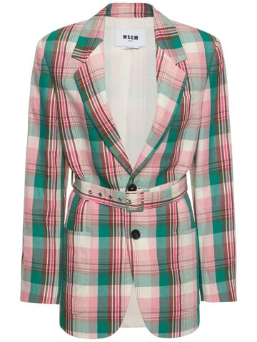 msgm cotton & linen check blazer in green / pink