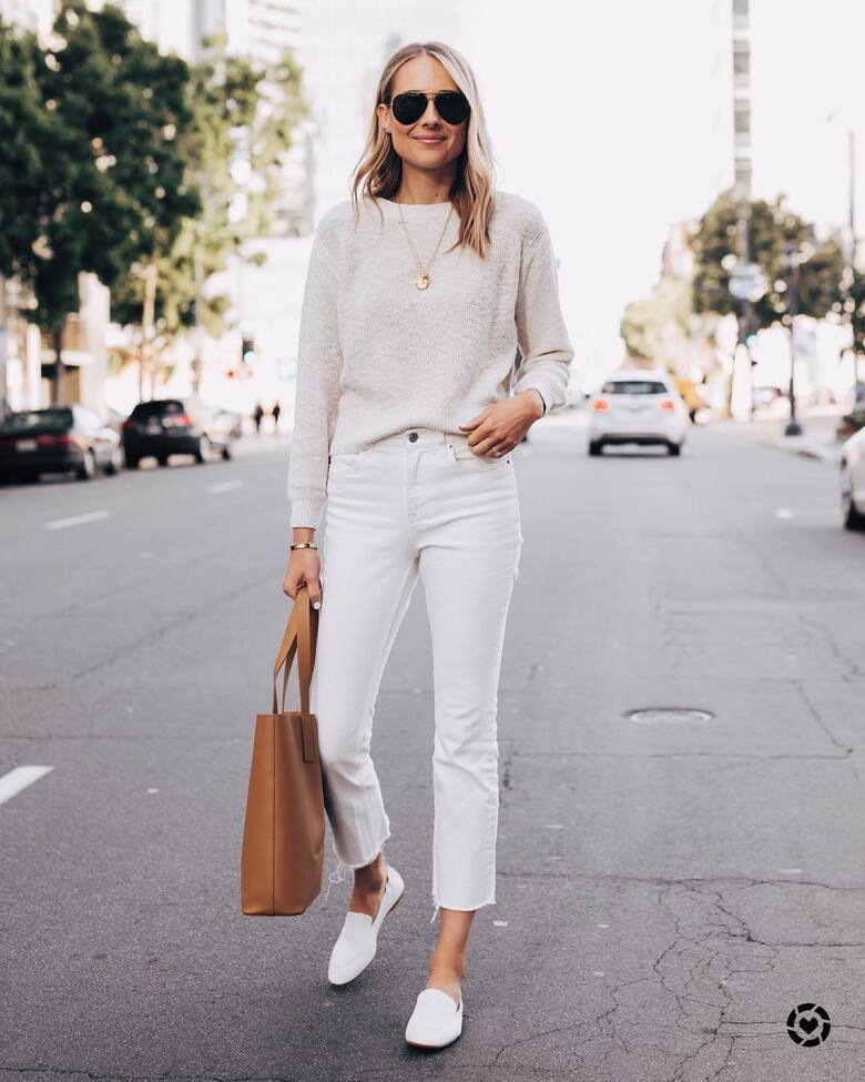 jeans white jeans cropped jeans white shoes loafers brown bag white sweater