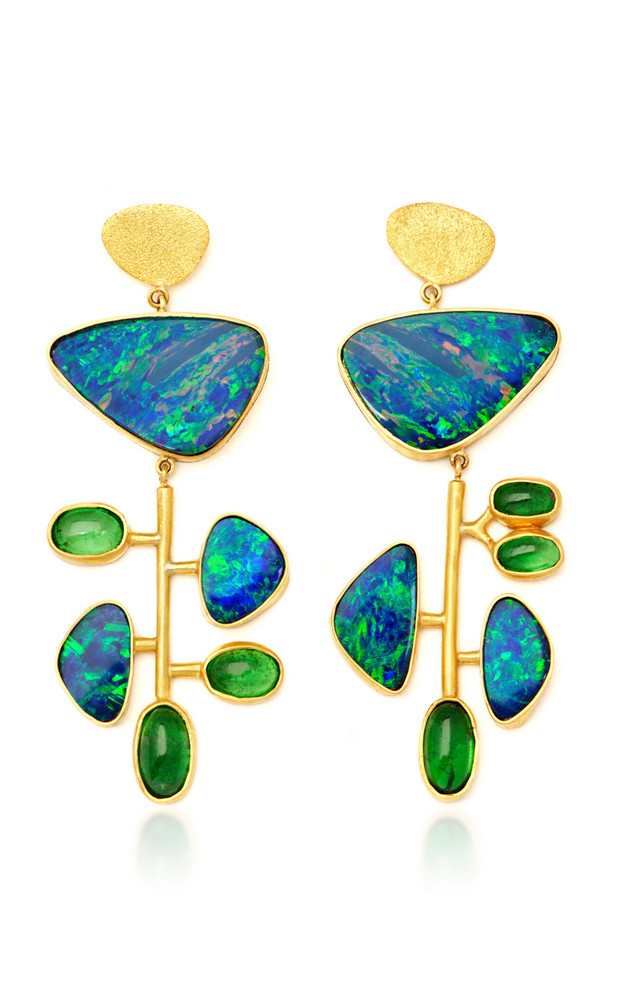 Rush Jewelry Design Kinetic 22K Yellow Gold Opal and Tsavorite Earring in blue