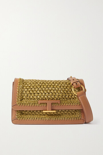 tod's - t timeless leather-trimmed crocheted shoulder bag - brown