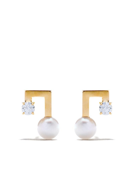 TASAKI 18kt yellow gold petit Balance Note Collection Line Akoya pearl and diamond stud earrings