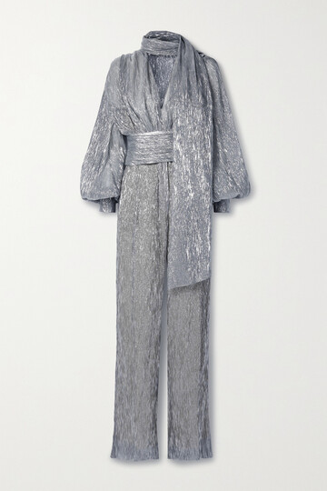 oscar de la renta - tie-neck silk-blend plissé-lamé jumpsuit - gray