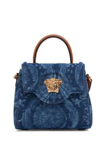 versace small medusa denim top handle bag in blue / camel