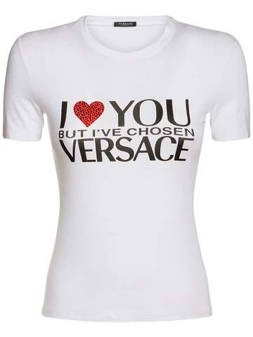 VERSACE I Love You Embellished Jersey T-shirt in black / white