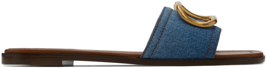 Valentino Garavani Blue VLogo Slide Sandals in denim / denim