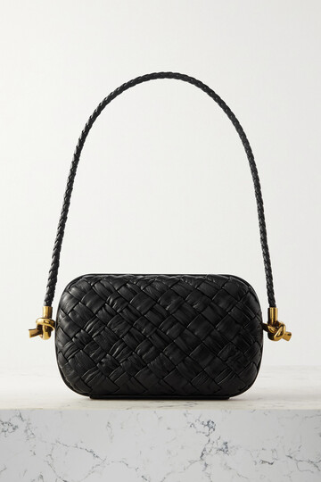 bottega veneta - knot intrecciato woven leather shoulder bag - black
