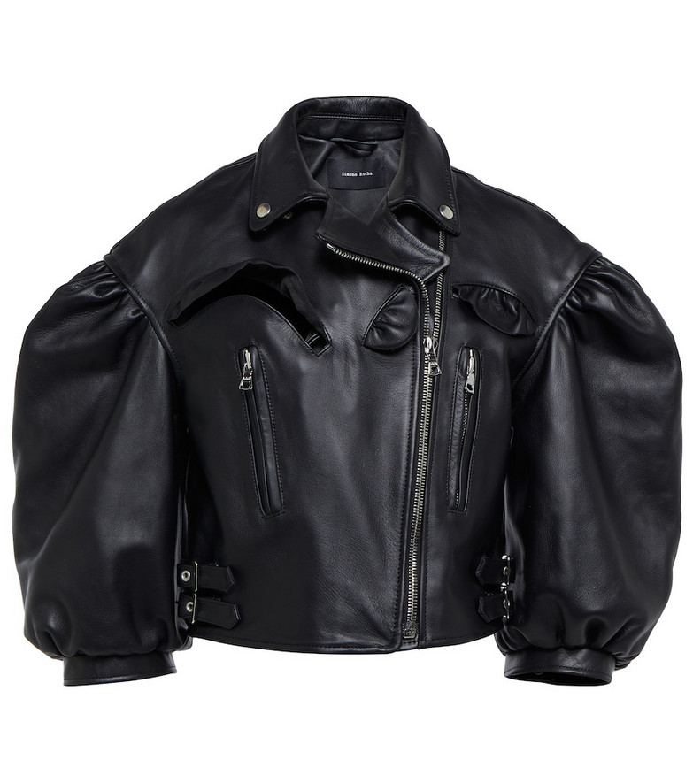 Simone Rocha Ruffle-trimmed leather biker jacket in black