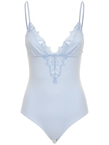 FLEUR DU MAL Lily Embroidered Lace Plunge Bodysuit in blue