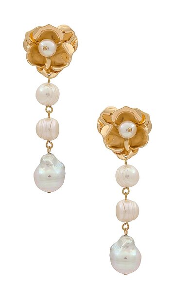 ettika pearl and flower earrings in metallic gold