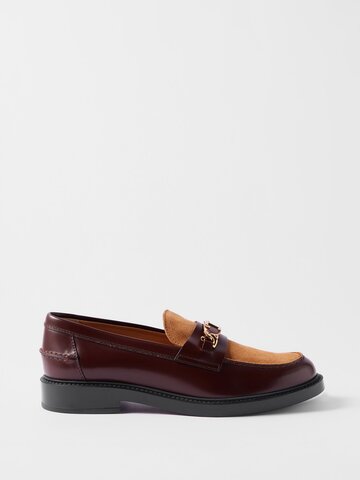 tod's - logo-chain leather and suede loafers - womens - brown red