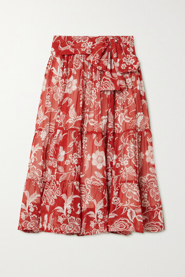 Evarae - Obi Tiered Floral-print Silk-georgette Midi Skirt - x large in red
