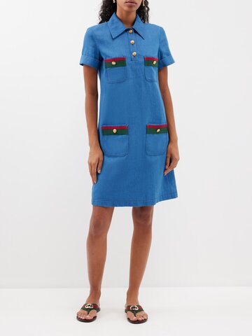 gucci - web stripe denim shirt dress - womens - blue multi