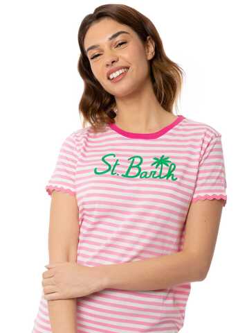 MC2 Saint Barth Fucsia Striped Cotton T-shirt With St. Barth Embroidery in pink