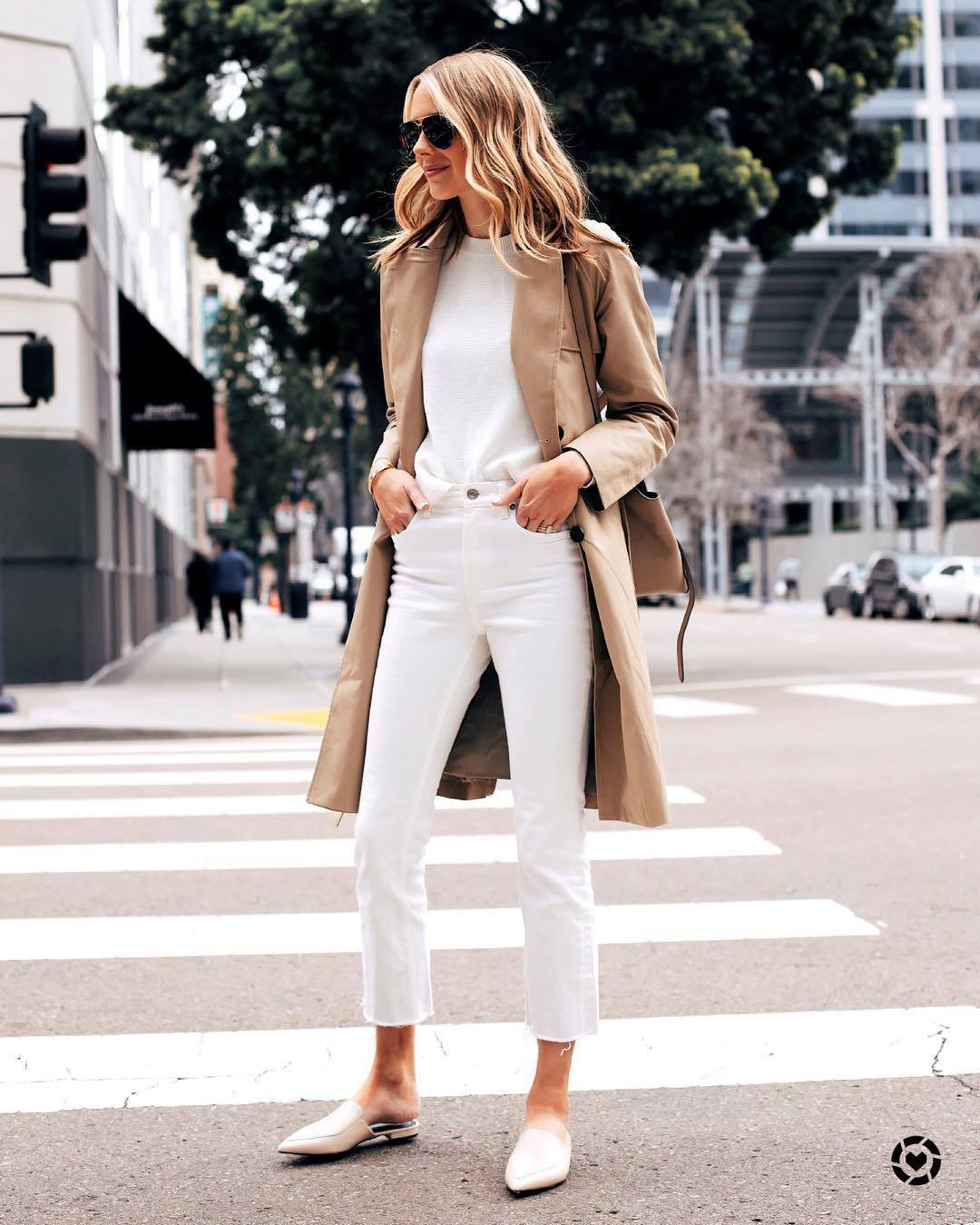 sweater, white sweater, white jeans, trench coat, mules, shoulder bag ...