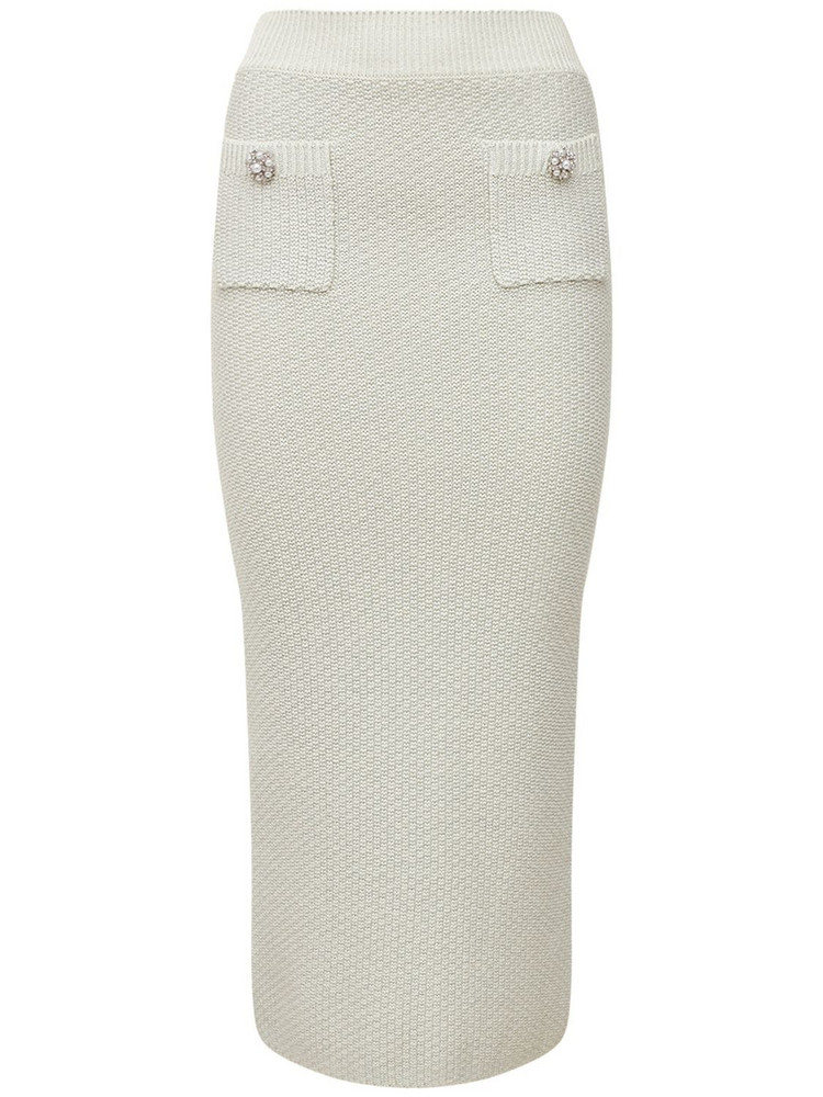 SELF-PORTRAIT Knitted Cotton Blend Midi Skirt in ivory