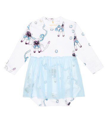 Mini Rodini Baby cotton and tulle cat print dress in white