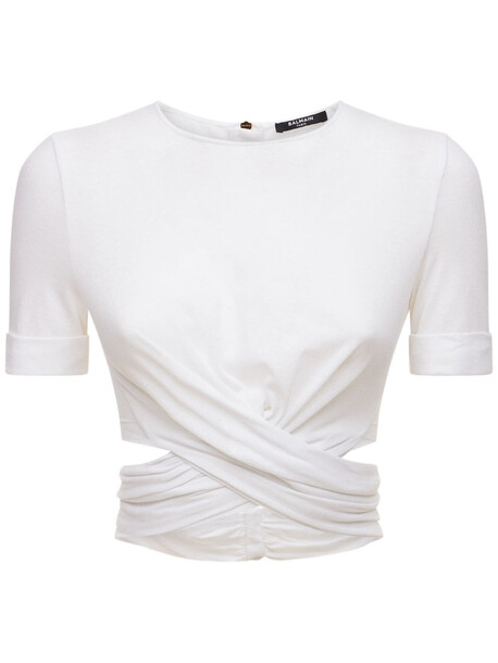 BALMAIN Twisted Cotton Blend Crop Top in white