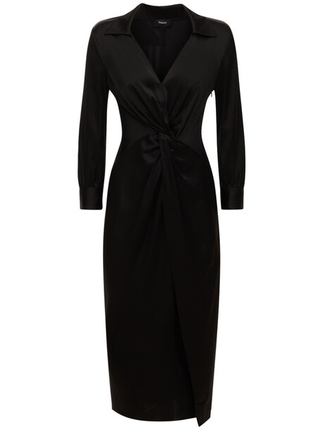 THEORY Twist Long Sleeve Satin Midi Dress in black