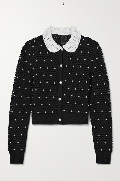 Alice + Olivia Alice + Olivia - Collins Cropped Faux Pearl-embellished Crocheted Wool Cardigan - Black